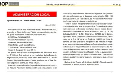 Oferta de empleo público correspondiente a dos plazas de Policía Local en Cañete de las Torres