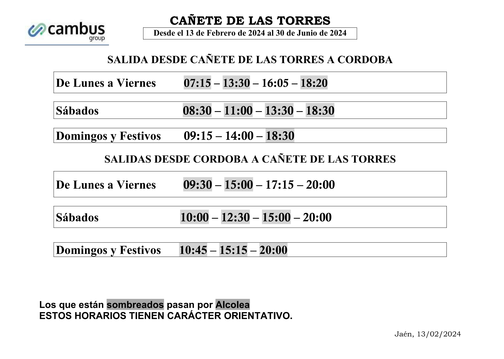 horario Cambus desde el 13 febrero al 30 junio 2024